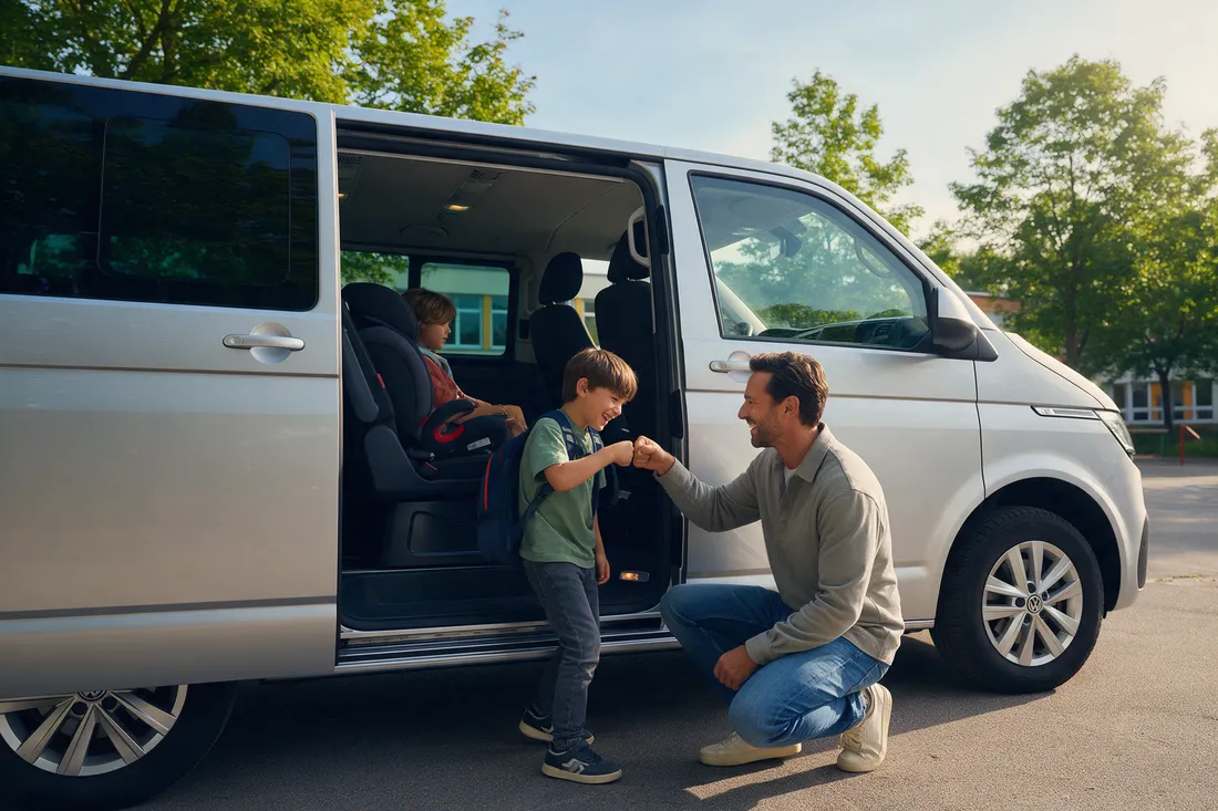 Symbolbild: Ein Fahrer begrüßt einen Schüler mit Ranzen an der offenen Schiebetür eines Kleinbusses vor der Schule.